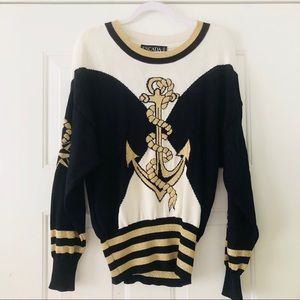 Vintage Escada Nautical Black, Gold, White Sweater